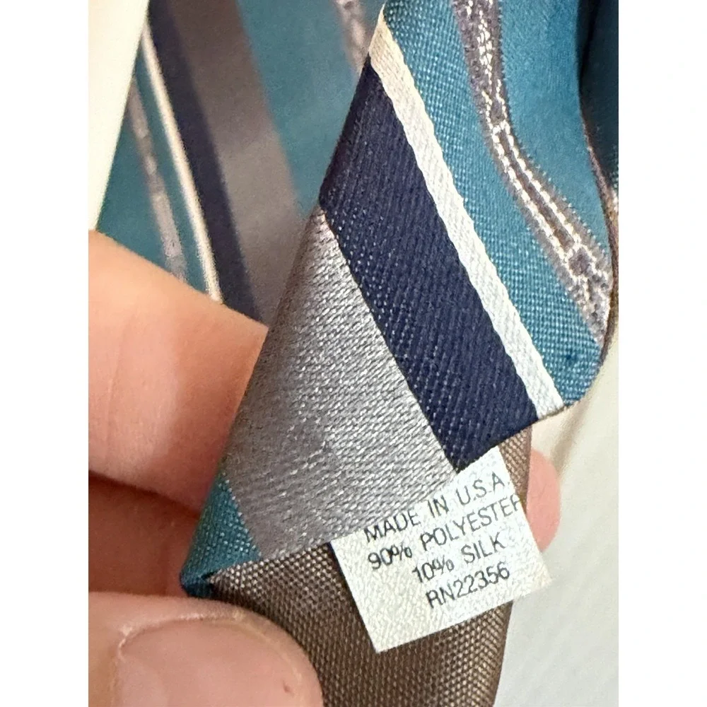 Robert Alan Neck Tie, Turquoise Navy and Gray Stripes, Polyester and Silk Tie